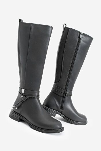Marjin Women's Stoned Buckle Elastic Daily Boots Nayet Black
