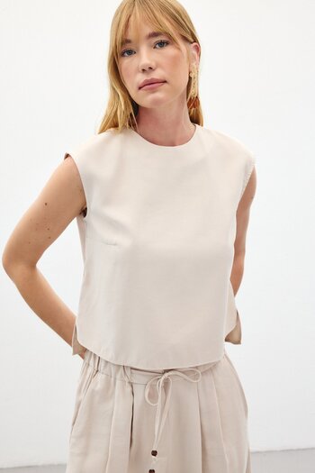 Sateen Sleeveless Loose Blouse - Stone