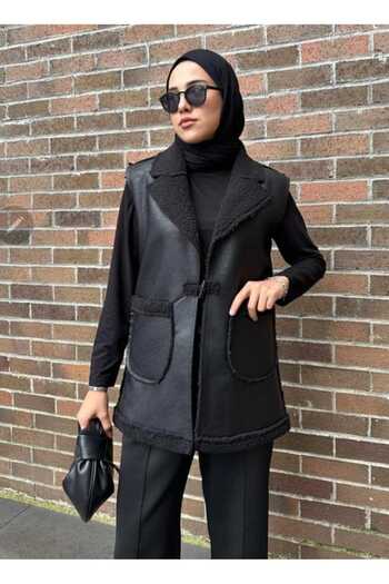 moda paketi Double Pocket Leather Vest Black