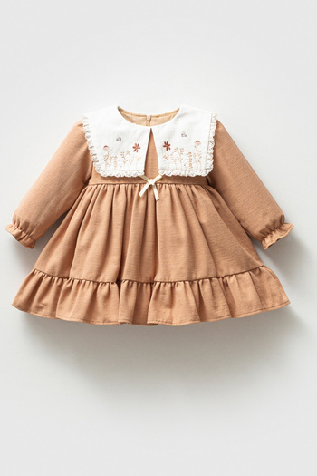 Le Mabelle Brown Floral Collar Detailed Baby Girl Dress - Jenny