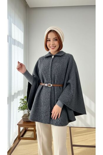 moda paketi Buttoned Belt Detailed Faded Cashmere Cape Jacket