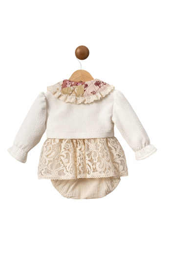 Le Mabelle Ecru Floral Collar Cardigan Girls' Dress Set - Fiona
