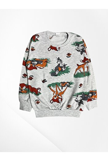 Pajama Shop Girl's Cotton Fabric Gray Deer Rabbit Pattern Long Sleeve Winter Pajamas Set