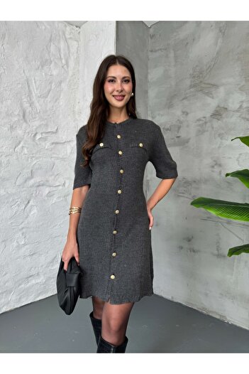 Elif Özbey Butik Anthracite Short Sleeve Gold Buttoned Knit Dress