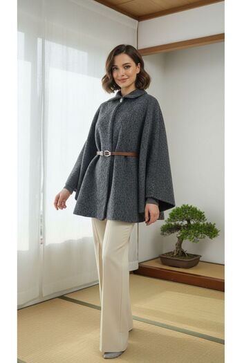 moda paketi Buttoned Belt Detailed Faded Cashmere Cape Jacket