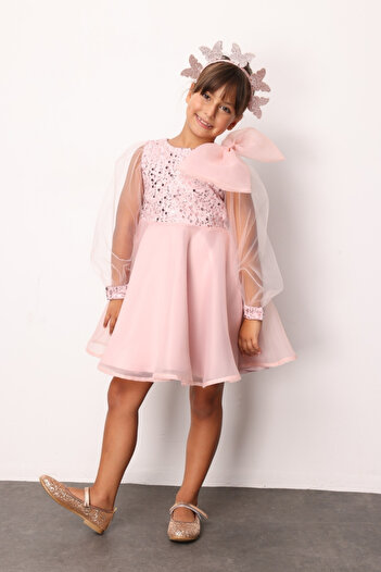 Le Mabelle Powder Bow Detailed Sequin Girls' Dress - Wendy