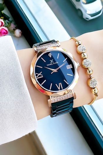 Daniel Klein Original Cut Glass Women's Wristwatch, Waterproof Navy Blue Steel Band - Bracelet Gift Dkby2048C8