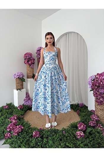 Gökçen Butik Boyundan Bağlamalı Çiçek Desenli Elbise