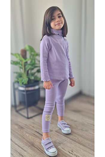 BALKABAĞI Lilac Striped Turtleneck Label Detailed 2-Piece Ribbed Leggings Set (2-9 Years Old)