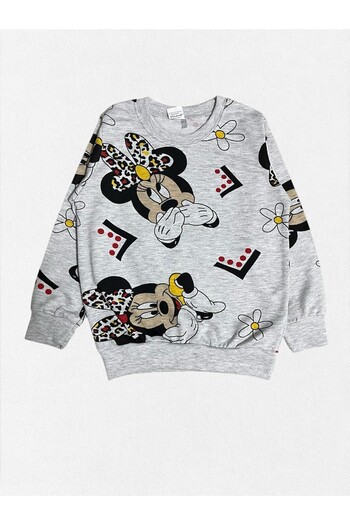 Pajama Shop Girl's Cotton Fabric Gray Mouse Daisy Patterned Long Sleeve Winter Pajama Set