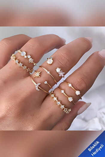 The Collection 9-Piece Combination Joint Gold Stone Ring Set