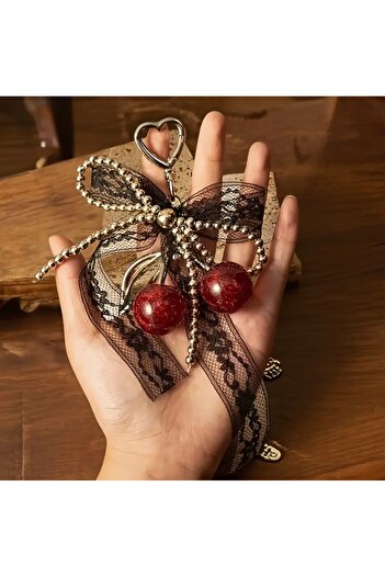 MUJGANERDOGANDESIGN Women's Irhal Keychain Bag Accessory Charm Cherry Lace Silver Keychain
