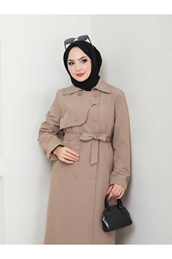 B.HE.Z Linen Degaje Collar Full Length Lined Belted Trench Jeans Mink