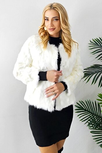 FashionForYou rabbit fur coat, Lea Bliss, long sleeve, White, Size S/M