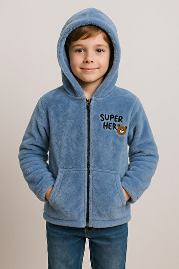 Uğur bebe Welsoft Children's Blue Plush Hooded Cardigan – Embroidered Zippered Coat