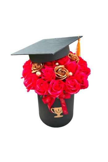 velve Graduation floral arrangement, in a round box with roses and soap orchids, Pink