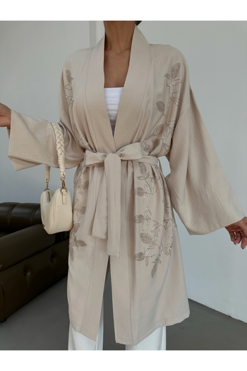 MİA NOURA Women's Long Kimono with Boncu Embroidery on the Front