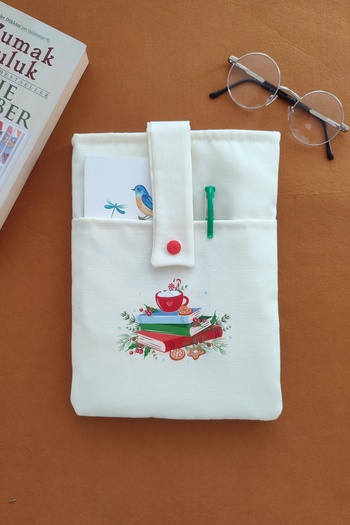 Outlet Çarşım Linen Book Cover with Pockets Cream Color Book Lover Gift