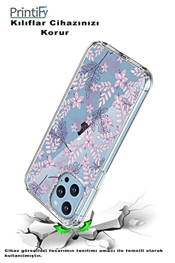 PrintiFy Vivo Y28 İle Uyumlu Floral Pudra Baskılı Kamera Korumalı Şeffaf Kılıf