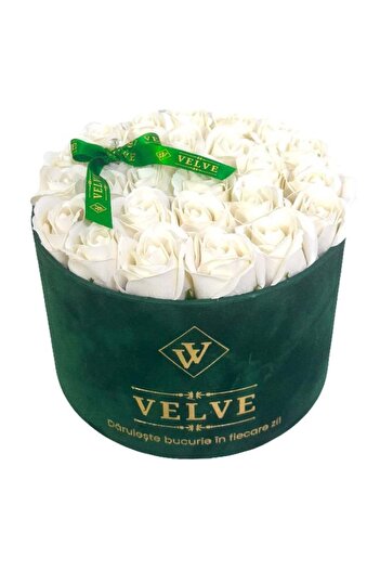 velve Aranjament floral Splendor, in cutie de catifea cu 25 trandafiri de sapun, Alb-Verde