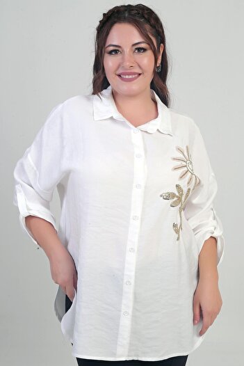 By Saygı Women's Oversized Shirt with Sleeve Folds, Floral Appliques, and Side Slits