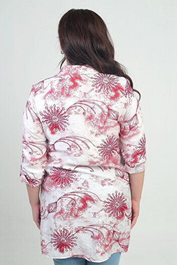 By Saygı Women's Sleeve Folded Tie-Dye Patterned Plus Size Long Shirt