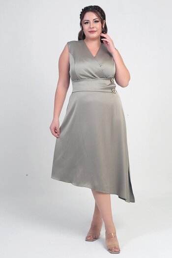 By Saygı Women's Double Breasted Collar Button Detailed Asymmetrical Plus Size Crepe Satin Dress