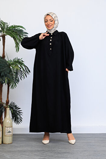 OKTAYUSTA COLLECTİON Μαύρο φόρεμα Mevlana με μισό πόδι μπροστά, πουκάμισο με γιακά και ρόμπα