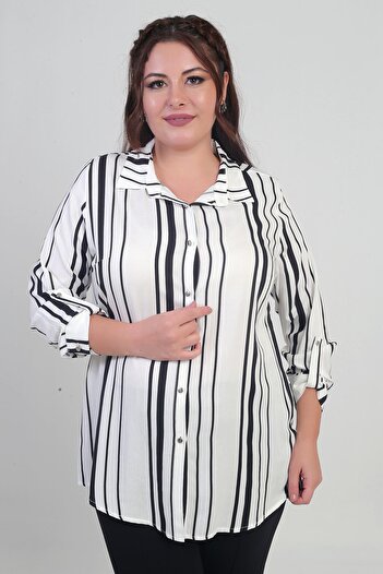 By Saygı Women's Sleeve Folded Neckline Striped Plus Size Shirt