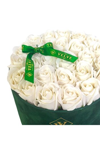 velve Aranjament floral Splendor, in cutie de catifea cu 25 trandafiri de sapun, Alb-Verde
