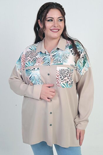 By Saygı Women's Low Sleeve Double Pocket Patterned Plus Size Shirt
