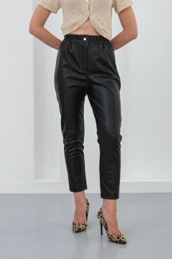 bacc Women's black elastic waist faux leather pants bchn-25w26637
