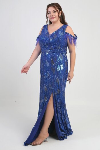By Saygı Women's Feather Low Sleeve Sequin Embroidered Lined Plus Size Long Dress