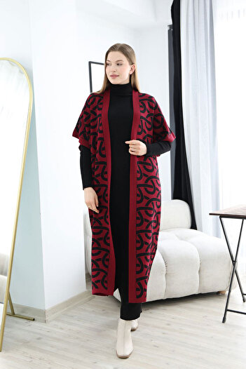 bacc Women's burgundy turtleneck knit dress and long patterned cardigan top and bottom set bces-252040