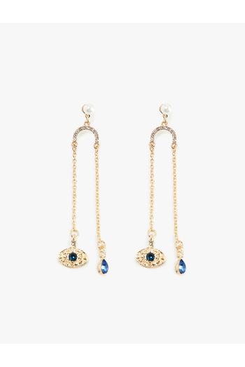Koton Steel Mixed Chain Stone Detailed Dangle Eye Figured Earrings