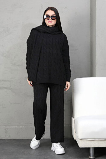 bacc Black Knitted Motif Sweater Cardigan and Trousers 3-Piece Knitwear Set Bces-252031