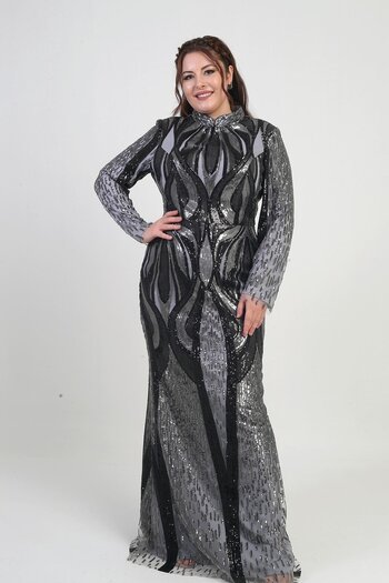 By Saygı Women's Stand Collar Sequin Embroidered Lined Plus Size Long Dress
