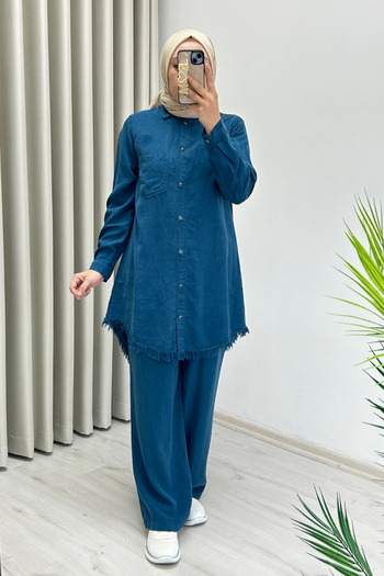 T Moda Store Premium Fabric Snap Button Detailed Shirt Trousers Double Hijab Suit
