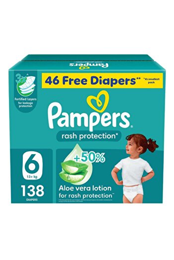 Pampers Rash Protection Taped Diapers Size 6 13+kg Aloe Vera Lotion - 138 Count