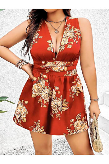 GiyimCity Plus Size Brown Floral Patterned Dress with Back Detail