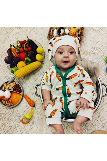 Skygo 3-6-9-12 Months Carrot Printed Long Sleeve Baby Girl and Boy Rompers with Ears and Hat