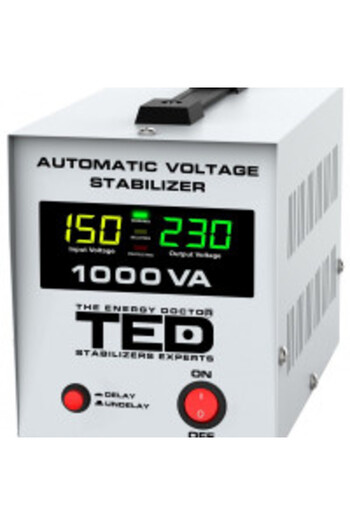 TED Electric Voltage stabilizer 1000VA 600W with 2 Schuko outputs and pure sine wave + LCD screen, TED