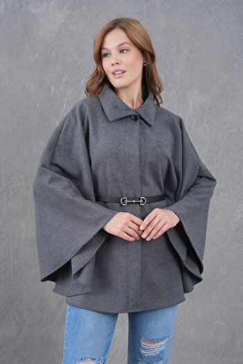 Giyim Gezegeni Women's Waist Belted Cashmere Gray Poncho New Season Stylish Oversize Trendy and Comfortable Modern Outerwear