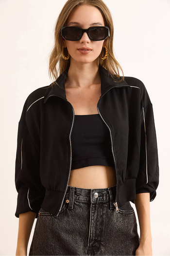 Olalook Women's Black Modal Piping Detailed Draped Zippered Sweatshirt Swt-19000739
