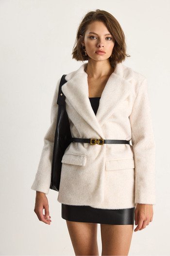 Bianco Lucci Women's Pocket Detailed Lined Belted Plush Textured Blazer Jacket 2761 60281110