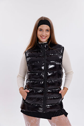 Montland Women's Black Shiny Fabric Puffer Vest