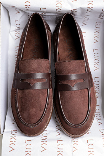 by selvi Lukka Shoes Livya Men's Bitter Brown Suede Garnished Loafer Shoes