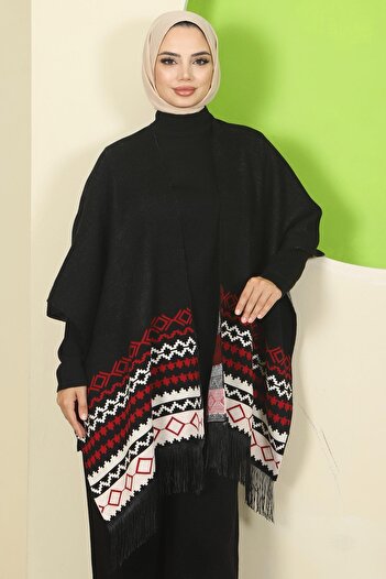 hafsamina Kilim Pattern Poncho Triple Knitwear Set Black Hm2816