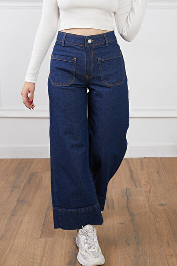 DPARİS Wide Leg Jeans with Front Pockets and Stitching Detail