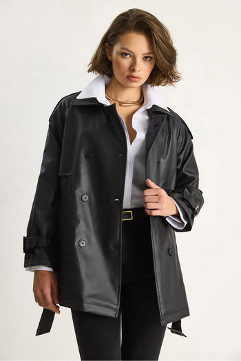 Bianco Lucci Women's Double Breasted Collar Belted Lined Short Faux Leather Trench Coat 2485 60281111